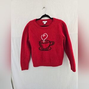 cupcakes & cashmere Valentine Red Sweater with Heart and Coffee Cup Design. Med.